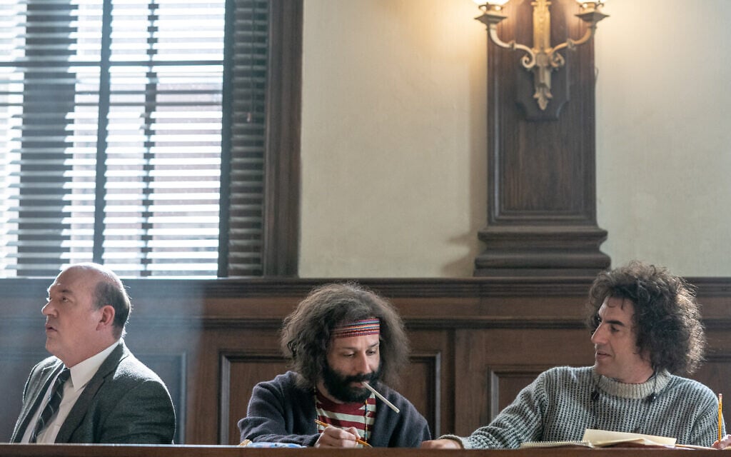 From right: Sacha Baron Cohen as Abbie Hoffman, Jeremy Strong as Jerry Rubin and John Carroll Lynch as David Dellinger in Aaron Sorkin's 'The Trial of the Chicago 7.' (Courtesy Netflix)