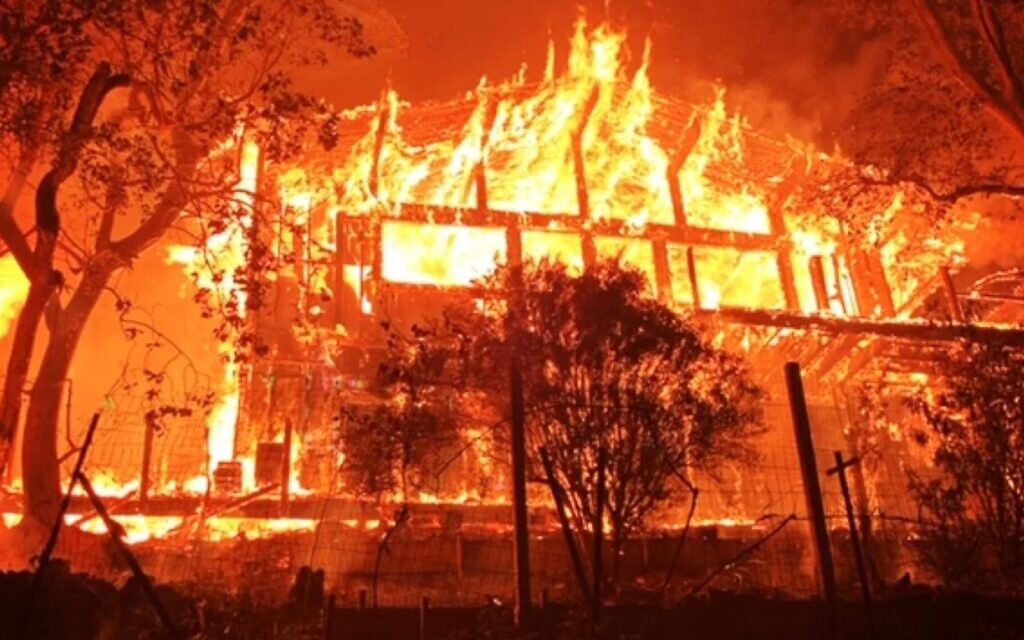 A house in Napa County burns in the Glass Fire, September 29, 2020. (Napa County Sheriff/ via JTA)