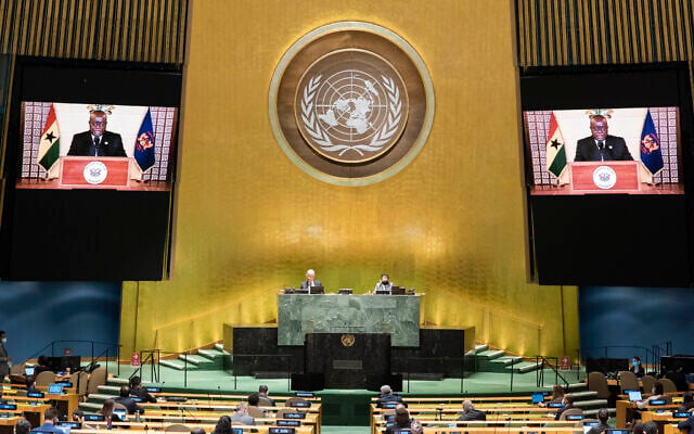 Illustrative: In this photo provided by the United Nations, the pre-recorded message of Nana Addo Dankwa Akufo-Addo, President of Ghana, is played during the 75th session of the United Nations General Assembly, Wednesday Sept. 23, 2020, at U.N. headquarters in New York. (Eskinder Debebe/United Nations via AP) Illustrative: In this photo provided by the United Nations, the pre-recorded message of Nana Addo Dankwa Akufo-Addo, President of Ghana, is played during the 75th session of the United Nations General Assembly, Wednesday Sept. 23, 2020, at U.N. headquarters in New York. (Eskinder Debebe/United Nations via AP)