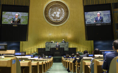 Volkan Bozkir, President of the 75th session of the United Nations General Assembly, is shown on video monitors as he makes closing remarks, September 29, 2020, at UN headquarters. (Loey Felipe/UN Photo via AP) Volkan Bozkir, President of the 75th session of the United Nations General Assembly, is shown on video monitors as he makes closing remarks, September 29, 2020, at UN headquarters. (Loey Felipe/UN Photo via AP)