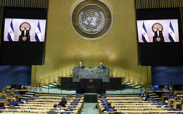 Nayib Armando Bukele, president of El Salvador, is shown on video monitors as he speaks in a pre-recorded video message, during the 75th session of the United Nations General Assembly, September 29, 2020, at UN headquarters. (Loey Felipe/UN Photo via AP) Nayib Armando Bukele, president of El Salvador, is shown on video monitors as he speaks in a pre-recorded video message, during the 75th session of the United Nations General Assembly, September 29, 2020, at UN headquarters. (Loey Felipe/UN Photo via AP)