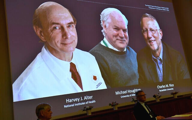 The 2020 Nobel laureates in Physiology or Medicine are announced during a news conference at the Karolinska Institute in Stockholm, Sweden, Monday Oct. 5, 2020. The prize has been awarded jointly to Harvey J. Alter, left on screen, Michael Houghton, center, and Charles M. Rice for the discovery of the Hepatitis C virus. (Claudio Bresciani/TT via AP) The 2020 Nobel laureates in Physiology or Medicine are announced during a news conference at the Karolinska Institute in Stockholm, Sweden, Monday Oct. 5, 2020. The prize has been awarded jointly to Harvey J. Alter, left on screen, Michael Houghton, center, and Charles M. Rice for the discovery of the Hepatitis C virus. (Claudio Bresciani/TT via AP)