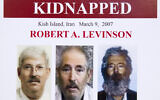 An FBI poster showing a composite image of former FBI agent Robert Levinson, right, of how he would look like now after five years in captivity, and an image, center, taken from the video, released by his kidnappers, and a picture before he was kidnapped, left, displayed during a news conference in Washington, March 6, 2012. (Manuel Balce Ceneta/AP)