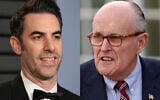 Sacha Baron Cohen arrives at the Vanity Fair Oscar Party in Beverly Hills, Calif., on March 4, 2018, left, and  former New York Mayor Rudy Giuliani at the Trump National Golf Club Bedminster clubhouse in Bedminster, N.J. on Nov. 20, 2016. Giuliani appears in a scene in the new “Borat” film. The scene, which was filmed in a New York hotel room in July, resulted in Giuliani calling police. (AP Photo)