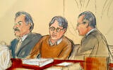 Courtroom drawing showing defendant Keith Raniere, center, leader of the secretive group NXIVM, during the first day of his sex trafficking trial, May 7, 2019. (Elizabeth Williams via AP)