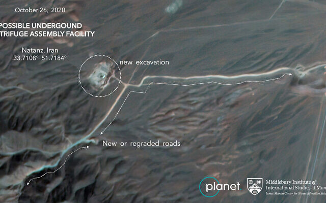Construction at Iran's Natanz uranium-enrichment facility that experts believe may be a new, underground centrifuge assembly plant, annotated by experts at the James Martin Center for Nonproliferation Studies at Middlebury Institute of International Studies, October 26, 2020. (Planet Labs Inc. via AP) Construction at Iran's Natanz uranium-enrichment facility that experts believe may be a new, underground centrifuge assembly plant, annotated by experts at the James Martin Center for Nonproliferation Studies at Middlebury Institute of International Studies, October 26, 2020. (Planet Labs Inc. via AP)