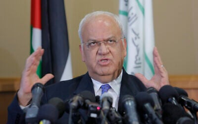 Palestinian Saeb Erekat during a press conference in the West Bank city of Ramallah, September 11, 2018. (AP Photo/Nasser Shiyoukhi)