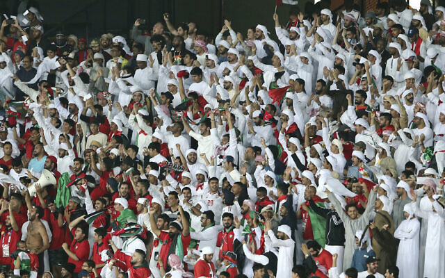 United Arab Emirates fans cheer for the team during the AFC Asian Cup group A soccer match between United Arab Emirates and India at Zayed Sports City Stadium in Abu Dhabi, United Arab Emirates, Jan. 10, 2019. (AP Photo/Kamran Jebreili) United Arab Emirates fans cheer for the team during the AFC Asian Cup group A soccer match between United Arab Emirates and India at Zayed Sports City Stadium in Abu Dhabi, United Arab Emirates, Jan. 10, 2019. (AP Photo/Kamran Jebreili)