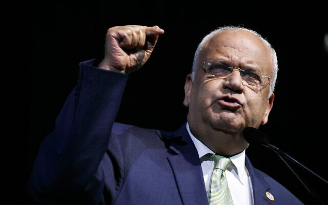 Chief Palestinian negotiator Saeb Erekat speaks at the J Street National Conference, in Washington, October 28, 2019. (Jacquelyn Martin/AP) Chief Palestinian negotiator Saeb Erekat speaks at the J Street National Conference, in Washington, October 28, 2019. (Jacquelyn Martin/AP)