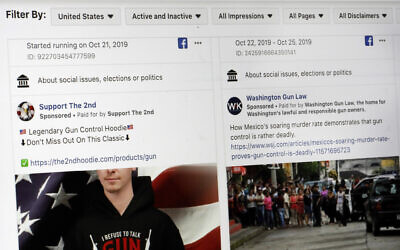 This photo shows a search for political ads that were on Facebook displayed on a computer screen Thursday, Oct. 31, 2019, in New York. (AP/Richard Drew)