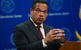 In this May 27, 2020, file photo, Minnesota Attorney General Keith Ellison answers questions during a news conference in St. Paul, Minn.(John Autey/Pioneer Press via AP, Pool)