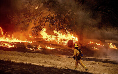 A US firefighter passes flames while battling the Glass Fire in a Calistoga, California, vineyard October 1, 2020. (AP Photo/Noah Berger)