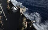 Israeli soldiers take their positions on board the Navy Ship Lahav during a rare tour of Israel's offshore Leviathan gas field in the Mediterranean Sea, Tuesday, Sept. 29, 2020 (AP Photo/Ariel Schalit)