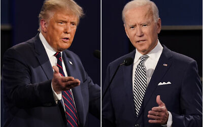 This combination of Sept. 29, 2020, photos shows President Donald Trump, left, and former Vice President Joe Biden during the first presidential debate at Case Western University and Cleveland Clinic, in Cleveland, Ohio. (AP Photo/Patrick Semansky)