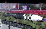 This image made from video broadcasted by North Korea's KRT, shows a military parade with what appears to be possible new intercontinental ballistic missile at the Kim Il Sung Square in Pyongyang, Saturday, Oct. 10, 2020. (KRT via AP)