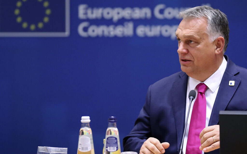 Hungary's Prime Minister Viktor Orban attends a round table meeting at an EU summit at the European Council building in Brussels, October 15, 2020 (Yves Herman, Pool via AP) Hungary's Prime Minister Viktor Orban attends a round table meeting at an EU summit at the European Council building in Brussels, October 15, 2020 (Yves Herman, Pool via AP)