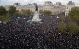 Thousands gather at Republique square during a demonstration October 18, 2020, in Paris, folliowing the behading of a history teacher in an alleged Islamist terror attack (AP Photo/Michel Euler)