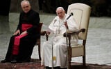 Pope Francis delivers his message on the occasion of the weekly general audience in the Paul VI hall at the Vatican, October 21, 2020. (AP Photo/Gregorio Borgia)