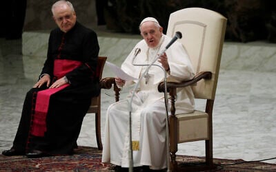 Pope Francis delivers his message on the occasion of the weekly general audience in the Paul VI hall at the Vatican, October 21, 2020. (AP Photo/Gregorio Borgia)