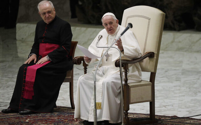 Pope Francis delivers his message on the occasion of the weekly general audience in the Paul VI hall at the Vatican, October 21, 2020. (AP Photo/Gregorio Borgia) Pope Francis delivers his message on the occasion of the weekly general audience in the Paul VI hall at the Vatican, October 21, 2020. (AP Photo/Gregorio Borgia)