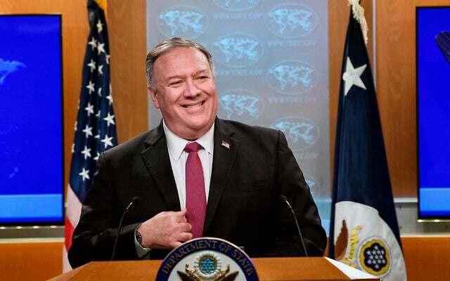 US Secretary of State Mike Pompeo speaks during a news conference at the State Department in Washington, October 21, 2020. (Nicholas Kamm/Pool via AP) US Secretary of State Mike Pompeo speaks during a news conference at the State Department in Washington, October 21, 2020. (Nicholas Kamm/Pool via AP)