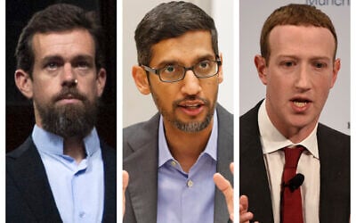 This combination of 2018-2020 photos shows, from left, Twitter CEO Jack Dorsey, Google CEO Sundar Pichai, and Facebook CEO Mark Zuckerberg. Less than a week before Election Day, the CEOs of Twitter, Facebook and Google are set to face a grilling by Republican senators who accuse the tech giants of anti-conservative bias. (AP Photo/Jose Luis Magana, LM Otero, Jens Meyer)