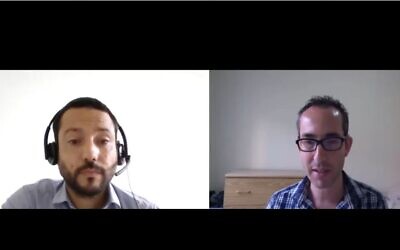 Epidemiologist Prof. Michael Edelstein in conversation with Nathan Jeffay on 'Behind the Headlines,' October 1, 2020. (Times of Israel)