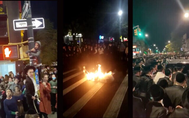 Orthodox residents of Borough Park burned masks and blocked city buses Tuesday night to protest NY Gov. Andrew Cuomo's announcement that he would impose new restrictions on areas with upticks in coronavirus cases. (Screenshots from WhatsApp via JTA) Orthodox residents of Borough Park burned masks and blocked city buses Tuesday night to protest NY Gov. Andrew Cuomo's announcement that he would impose new restrictions on areas with upticks in coronavirus cases. (Screenshots from WhatsApp via JTA)