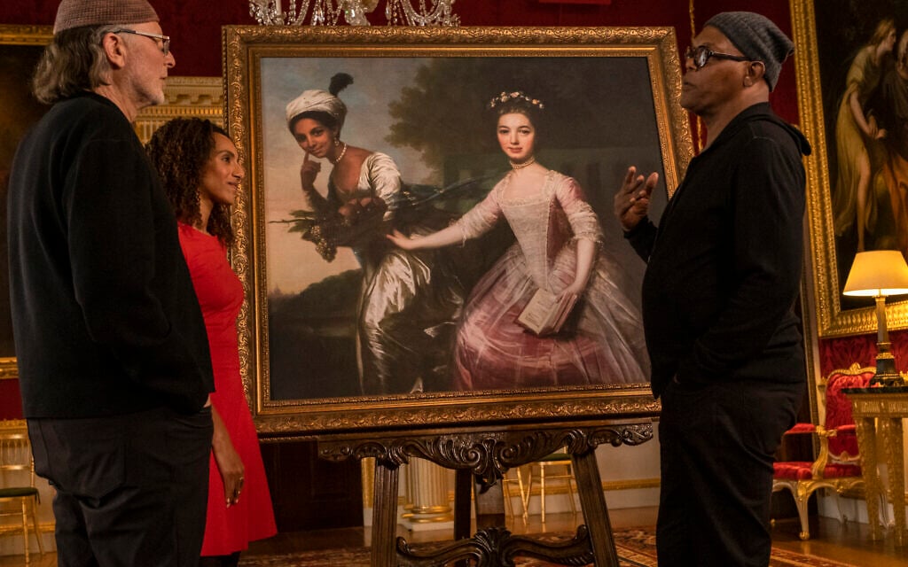 Samuel L. Jackson, Afua Hirsch, and Simcha Jacobovici discuss the portrait of Dido Elizabeth Belle. (AP Slave Ships Productions Ltd./Cornelia Street’s Ships Ltd.)