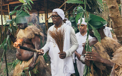 Samuel L. Jackson taking part in a Benga initiation ceremony, Gabon. (AP Slave Ships Productions Ltd./Cornelia Street’s Ships Ltd.)
