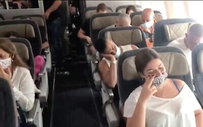 Screen capture from video of passengers on an El Al flight to Athens that failed to take off due to engine trouble, October 1, 2020. (Ynet news)