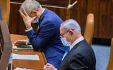 Alternate Prime Minister and Minister of Defense Benny Gantz, and Prime Minister Benjamin Netanyahu, seen during a vote at the Knesset on August 24, 2020. (Oren Ben Hakoon/POOL)
