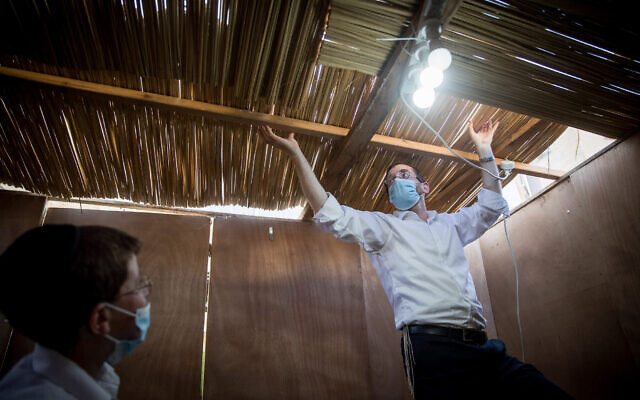 An ultra-Orthodox Jewish man in Jerusalem builds a sukkah for the upcoming holiday of Sukkot, September 30, 2020. (Yonatan Sindel/Flash90) An ultra-Orthodox Jewish man in Jerusalem builds a sukkah for the upcoming holiday of Sukkot, September 30, 2020. (Yonatan Sindel/Flash90)