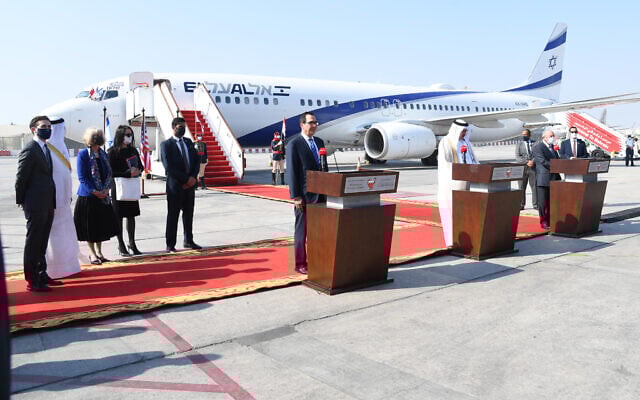 An Israeli-US delegation being welcomed with a ceremony at the Bahraini International Airport on October 18, 2020. (Haim Zach/GPO) An Israeli-US delegation being welcomed with a ceremony at the Bahraini International Airport on October 18, 2020. (Haim Zach/GPO)