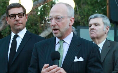 Executive Vice Mayor and Deputy Chief of Staff to Mayor Eric Garcetti Rick Jacobs gives a speech at the annual Bastille Day reception at La Residence de France on July 14, 2016 in Beverly Hills, California.  (Tasia Wells/Getty Images via JTA)