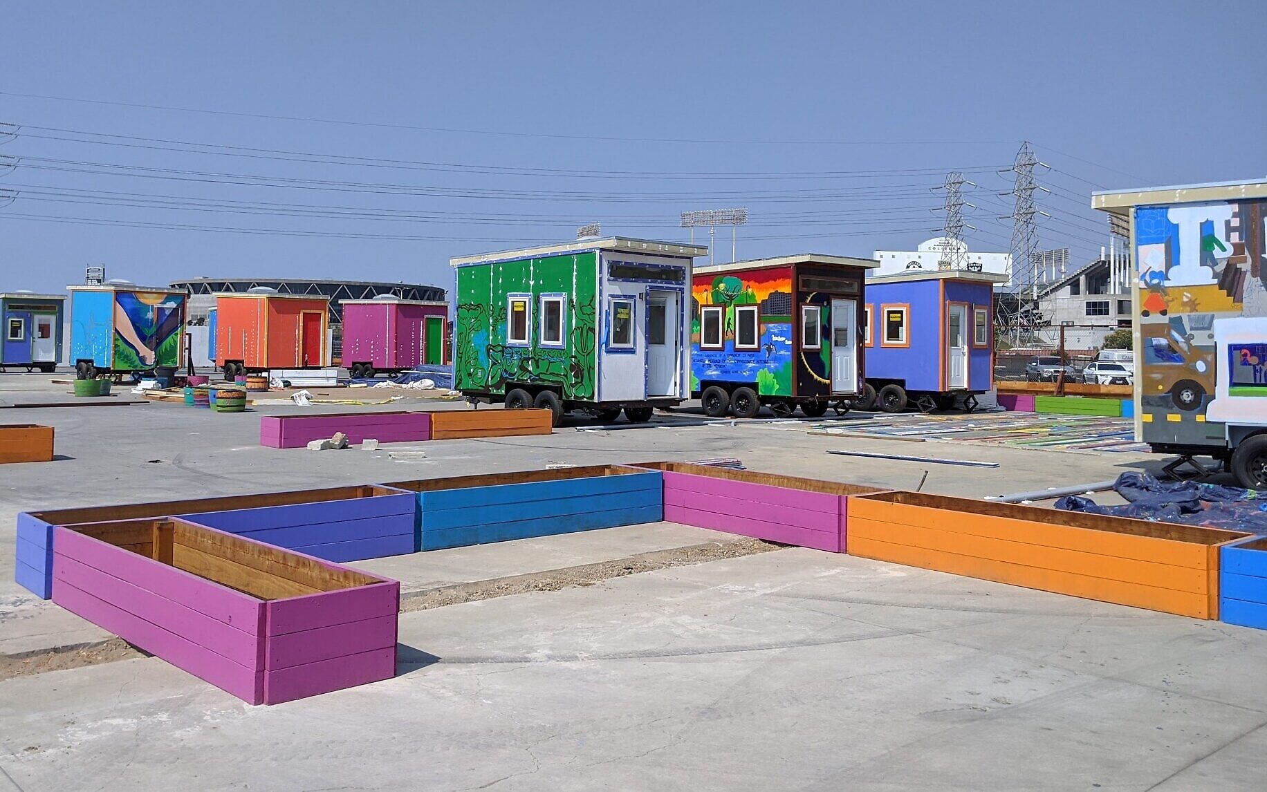 The 26 houses are organized into four quads to create small neighborhoods within the Tiny House Village in Oakland, California, pictured here on September 20, 2020. (courtesy)