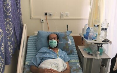 Maher al-Akhras, a 49-year-old security prisoner, while on hunger strike in Kaplan hospital in Rehovot, October 8, 2020 (Aaron Boxerman/Times of Israel)