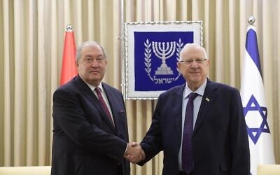 President Reuven Rivlin (R) with Armenian President Armen Sarkissian at the President's Residence in Jerusalem on January 26, 2020. (Amos  Ben Gershom/GPO)