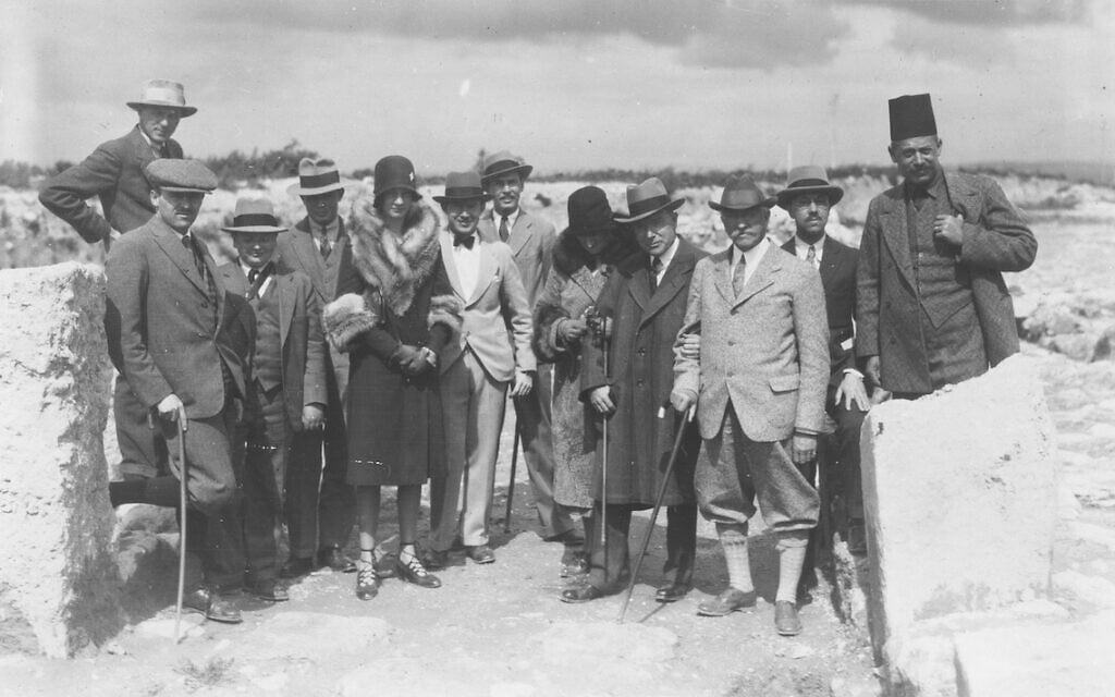 'Great Royal Visit,' March 8, 1929. L-to-r: P.L.O. Guy (above), A. Murray Dryer, David Rockefeller, Geoffrey Shpton, Mary 'Tod' Clarck, Edward DeLoach, Robert Lamon, Abby Rockefeller, John D. Rockefeller, Jr., James Henry Breasted, Harry Parker, unidentified fez-wearer. (courtesy Oriental Institute of the University of Chicago)