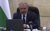 Palestinian Authority Prime Minister speaks with European lawmakers by video link on October 12, 2020. (Screen capture: Facebook)