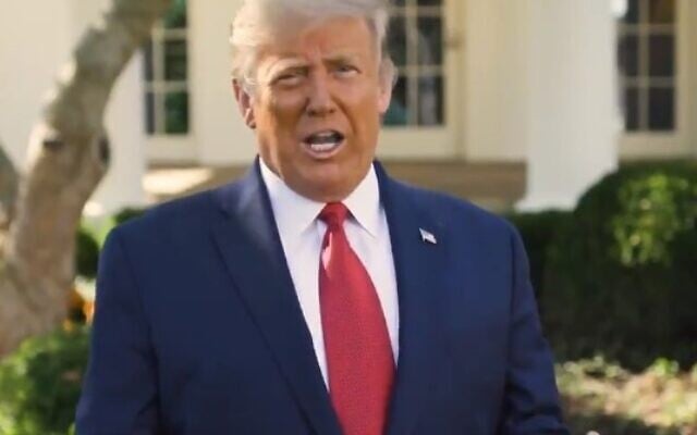 US President Donald Trump speaks during a video message on October 7, 2020 (Screencapture/Twitter) US President Donald Trump speaks during a video message on October 7, 2020 (Screencapture/Twitter)