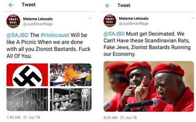 Screenshots of two anti-Semitic tweets that have since been removed (screen grab) Screenshots of two anti-Semitic tweets that have since been removed (screen grab)