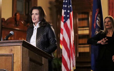 Michigan Gov. Gretchen Whitmer addresses the state during a speech in Lansing, Michigan, Oct. 8, 2020. (Michigan Office of the Governor via AP)