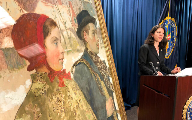 Acting US Attorney for the Northern District of New York, Antoinette T. Bacon, speaks at a repatriation ceremony for the painting "Winter," in Albany, New York, October 15, 2020. (AP Photo/Michael Hill) Acting US Attorney for the Northern District of New York, Antoinette T. Bacon, speaks at a repatriation ceremony for the painting "Winter," in Albany, New York, October 15, 2020. (AP Photo/Michael Hill)