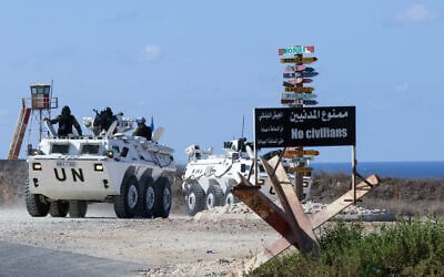 A United Nations peacekeeping force (UNIFIL) convoy patrols next to Naqoura, in Lebanon near its border with Israel, ahead of negotiations between the two countries in the area, October 13, 2020. (Mahmoud Zayyat/AFP)