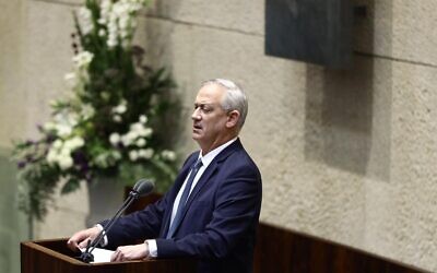 Defense Minister Benny Gantz addresses the Knesset on October 15, 2020. (Gideon Sharon/Knesset Spokesperson)
