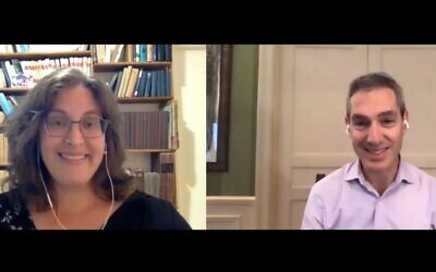 Times of Israel Deputy Editor Amanda Borschel-Dan speaks with Park Avenue Synagogue Rabbi Elliot Cosgrove on the Behind the Headlines video series, October 28, 2020. (Times of Israel)