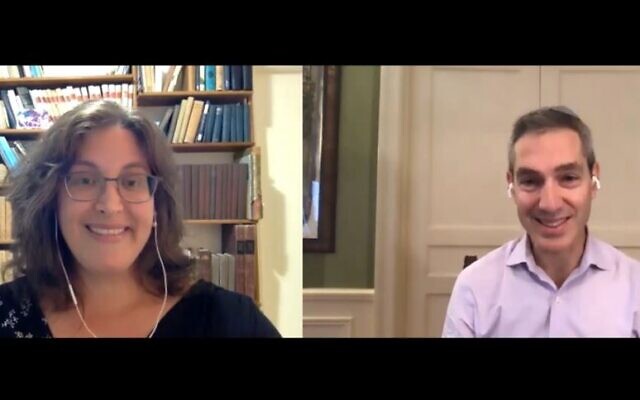 Times of Israel Deputy Editor Amanda Borschel-Dan speaks with Park Avenue Synagogue Rabbi Elliot Cosgrove on the Behind the Headlines video series, October 28, 2020. (Times of Israel) Times of Israel Deputy Editor Amanda Borschel-Dan speaks with Park Avenue Synagogue Rabbi Elliot Cosgrove on the Behind the Headlines video series, October 28, 2020. (Times of Israel)
