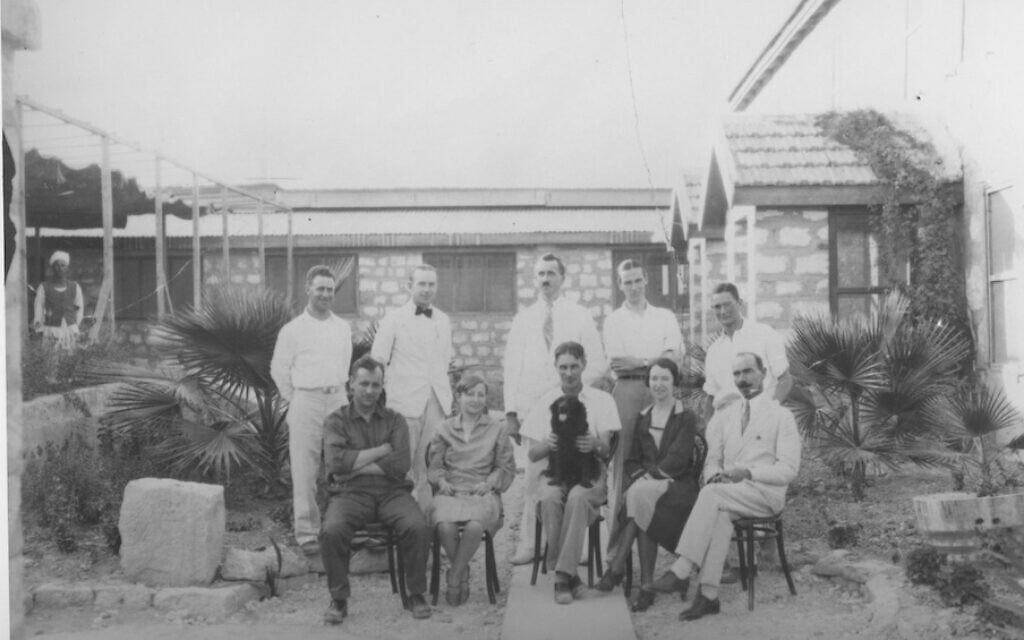 Megiddo excavation staff and spouses, September 7, 1928. Front row, sitting, from l-r: William Staples, Yemima Guy (the daughter of Eliezar Ben-Yehuda), P.L.O. Guy, Margaret Staples, Ivan Terentieff. Back row: Harry Parker, Edward DeLoach, Olof Lind, Robert Lamon, Geoffrey Shipton. (courtesy Oriental Institute of the University of Chicago)