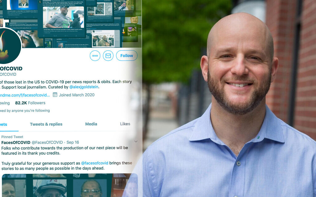 Alex Goldstein curates the Faces of COVID Twitter account, which showcases Americans who have died in the pandemic. (Illustration by Grace Yagel/ JTA) Alex Goldstein curates the Faces of COVID Twitter account, which showcases Americans who have died in the pandemic. (Illustration by Grace Yagel/ JTA)